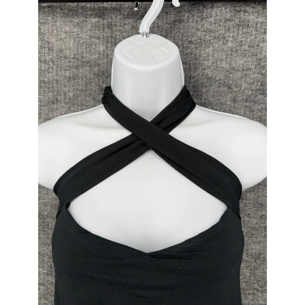 Free People Tank Top Womens S Black Halter Cross Strap Bubble Hem Cami